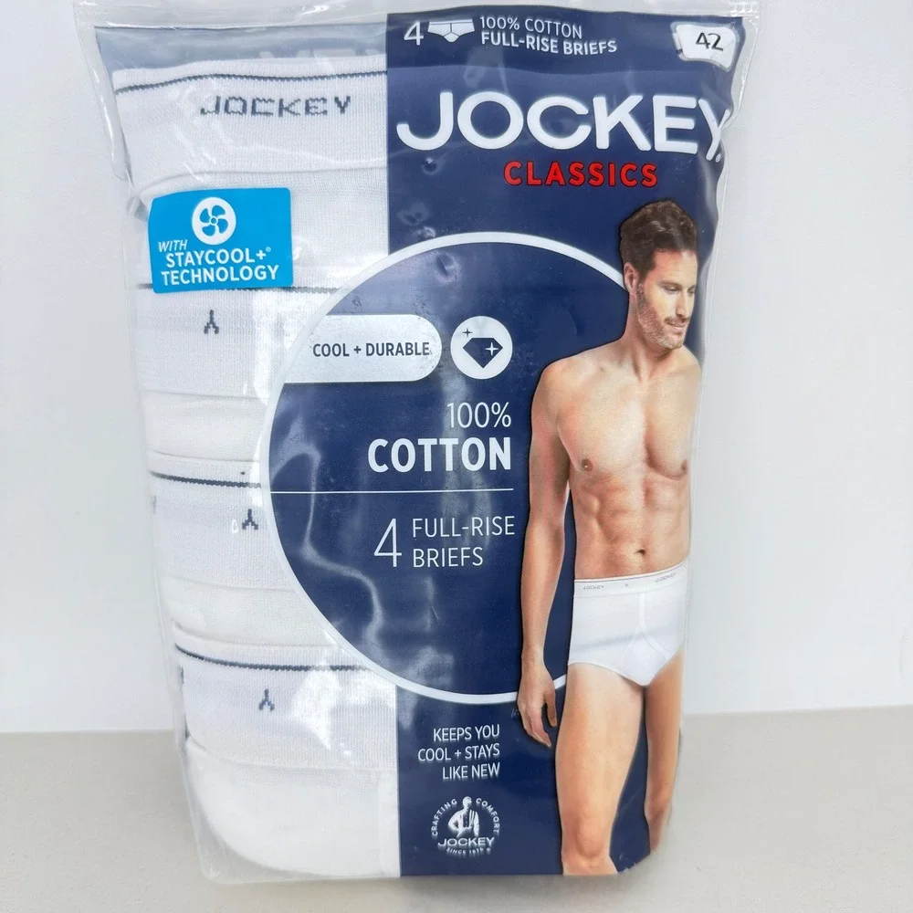 Jockey Classics‎ Mens White 100% Cotton Full-Rise Briefs 4 Pack Size 42 Y-Front